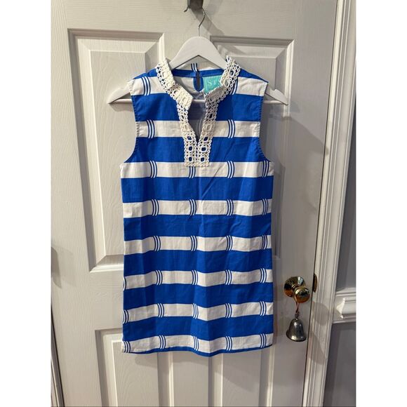 Sail to Sable Dresses & Skirts - Sail To Sable Blue & White Stripe Crochet Square Neck Crochet Trim Sleeveless Re